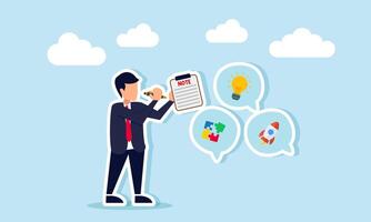 A businessman takes notes on a chat dialogue featuring a lit lamp, puzzle, and rocket, illustration of minutes on business ideas and innovation vector