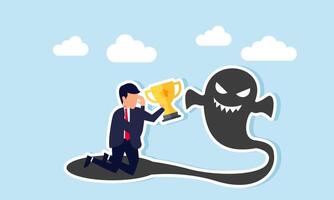 A businessman feels scared and hands over the trophy he carries to his shadow forming a ghost, illustration of mental downfall despite having attributes of a champion mindset vector