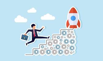 Businessman runs up stacked gears forming stairs to reach the top with a rocket, illustration of a systematic work system to improve business performance vector