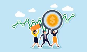 Businesspeople stand in front of a line chart, working together to lift a magnifying glass with a dollar coin label, illustration of evaluating and analyzing business financial performance vector