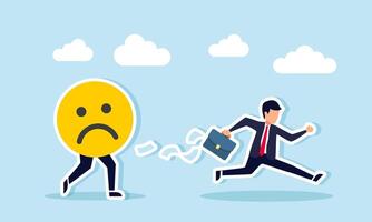 A businessman runs away from a chasing sad emoticon, illustration of avoiding negative effects and responses from competitors or the market vector