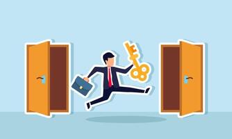 Businessman exits one door and plans to enter another while carrying a key, illustration of switching business or career with problem-solving skills vector