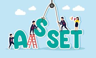 Businesspeople collaborate to arrange text spelling ASSET, illustration of collaboration and teamwork in increasing business company assets vector
