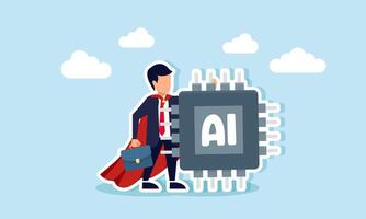 Super businessman stands holding an AI chip, illustration of a professional businessman capable of maximizing AI technology to enhance business performance vector
