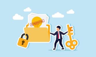 Businessman holds a key standing beside a locked lightbulb-labeled document folder marked CONFIDENTIAL, illustration of business idea and innovation document confidentiality vector