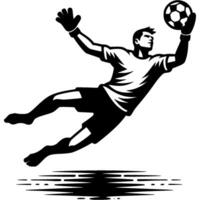 Tattoo emblem of soccer goalkeeper reached out with one hand to catch flying ball in monochrome. Engraving minimalistic image in black ink drawing on white background vector