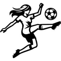 Sport emblem of female soccer player takes a ball flying onto her foot in jump in monochrome. Engraving minimalistic image in black ink drawing on white background vector