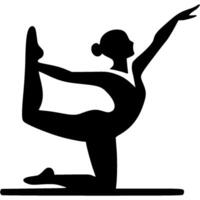 Sport emblem of girl gymnast performs complex stretching exercises while standing on one knee in monochrome. Engraving minimalistic image in black ink drawing on white background vector
