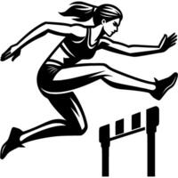 Sport emblem of female track and field athlete jumping over hurdle on running track in monochrome. Engraving minimalistic image in black ink drawing on white background vector