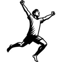 Tattoo emblem of beach soccer player runs triumphantly with his arms outstretched after scoring goal in monochrome. Engraving minimalistic image in black ink drawing on white background vector