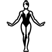 Sport emblem of girl gymnast walks in a straight line balancing and maintaining equilibrium in monochrome. Engraving minimalistic image in black ink drawing on white background vector