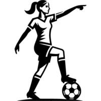 Sport emblem of female soccer player put her foot on ball and points with her hand in direction of pass in monochrome. Engraving minimalistic image in black ink drawing on white background vector