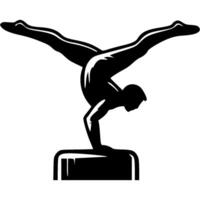 Sport emblem of gymnast man in a vertical handstand with a split element in monochrome. Engraving minimalistic image in black ink drawing on white background vector