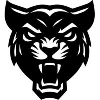 Tattoo of angry roaring puma head in monochrome. Puma wildcat in madness front view. Engraving minimalistic image in black ink drawing on white background vector