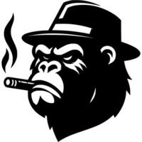Tattoo of mafia gangster in hat with cigar in his teeth was burning in monochrome. Chimpanzee bandit. Engraving minimalistic image in black ink drawing on white background vector