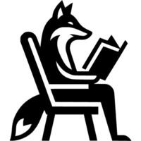 Wise old fox sits reading a book in a chair side view in monochrome. Engraving minimalistic image in black ink drawing on white background vector