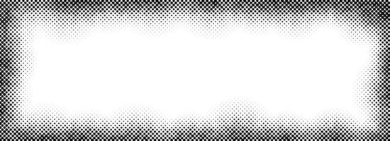 Halftone rectangle grain frame. Black comic dotted wavy border. Pop art fading gradient frame backdrop. Monochrome grunge abstract background. Dot textured graphic design wallpaper vector