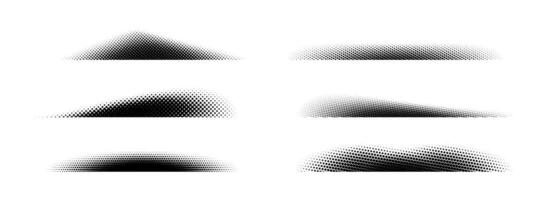 Halftone shadow and shade set. Black dotted gradient stripe collection. Textured pack for divide and separate. Horizontal pixelated grain line patterns. Noise dots and particles strips vector