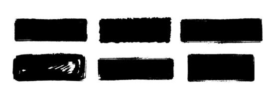 Rectangle dry paint stains set. Black grunge chalk square collection. Textured brush stroke element pack. Hand drawn charcoal blobs for frame design, template, poster, banner, text box. vector