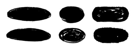 Black ellipse dry paint stains set. Grunge chalk oval collection. Textured brush stroke round element pack. Hand drawn charcoal blobs for frame design, template, poster, banner. Circular spots vector