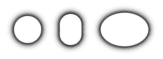 Black halftone ellipse frame set. Round dotted gradient border collection. Pop art comic dot picture holders for banner template, copy space, emblem, poster element. Rasterized framing back vector