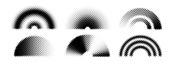 Black halftone arch collection. Pixelated 8 bit gradient arc set. Dotted pop art curve element bundle for collage, graphic design template, banner, poster, flyer. Comic bitmap warp pack vector
