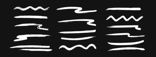 Hand drawn chalk wavy and straight line set. White pastel squiggle underlines and strokes collection. Crayon wave brushstroke bundles. Sketch marks and highlights for divide, separate, emphasis vector