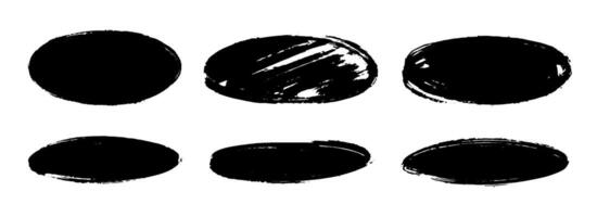 Ellipse dry paint stains set. Black grunge chalk oval collection. Textured brush stroke round element pack. Hand drawn charcoal blobs for frame design, template, poster, banner. Circular spots vector
