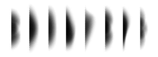 Halftone shadow set. Black dotted gradient stripe collection. Vertical pixel grain line patterns. Half tone textured shade pack for divide and separate. Noise dots and particles elements vector