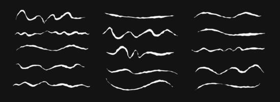 Hand drawn chalk wavy line set. White pastel squiggle underline and stroke collection. Crayon wave brushstroke bundles. Rough sketch marks and highlights for divide, separate and emphasis vector
