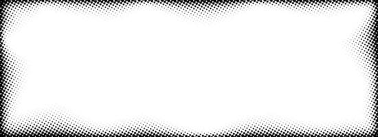 Halftone rectangle grain frame. Black comic dotted wavy border. Pop art fading gradient framing backdrop. Stipple grunge abstract background. Dot textured graphic design wallpaper vector