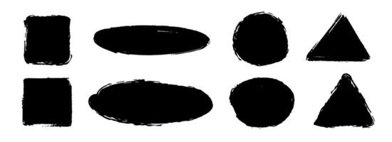 Geometric dry paint stain set. Black grunge chalk collection. Textured brush stroke element pack. Hand drawn charcoal blobs for frame, template, poster, banner, text box, sticker. vector