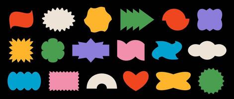 Abstract sticker shape set. Colorful retro pop art border element collection. Bright geometric frame pack for badge, tag, label, banner, poster design, sign, icon. Swiss style patch bundle vector