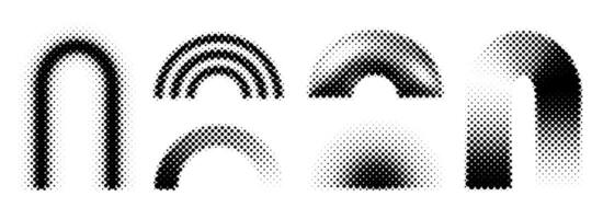 Black halftone arch collection. Pixel gradient arc set. Dotted pop art curve element bundle for collage, graphic design template, banner, poster, flyer. Comic halftone bitmap warp pack vector