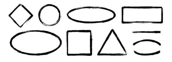 Black charcoal hand drawn frame set. Rectangle, triangle and round paintbrush border set. Rough sketch elements for diagram, highlight, underline, emphasis. Scribbled crayon forms vector
