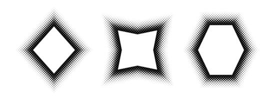 Black halftone geometric frame set. Dotted gradient border collection. Pop art comic picture holder design for banner template, copy space, emblem, poster element. Rasterized geo framing pack vector