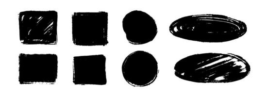 Square and round dry paint stain set. Black grunge geometric chalk collection. Textured brush stroke element pack. Hand drawn charcoal blobs for frame, template, poster, banner, text box vector