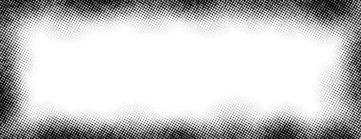 Halftone rectangle grain frame. Black comic dotted wavy border. Pop art fading gradient framing backdrop. Monochrome grunge abstract background. Dot textured graphic design wallpaper vector