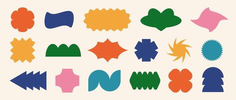 Abstract sticker shape set. Colorful retro pop art border element collection. Colorful geometric frame pack for badge, tag, label, banner, poster design, sign, icon. Swiss style patch bundle vector