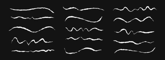 Hand drawn chalk wavy line set. White pastel squiggle underline and stroke collection. Crayon wave brushstroke bundle. Rough sketch marks and highlights for divide, separate and emphasis vector