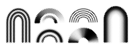 Black halftone arch collection. Pixel 8 bit gradient arc set. Dotted pop art curve element bundle for collage, graphic design template, banner, poster, flyer. Comic halftone bitmap warp pack vector