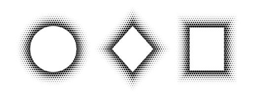 Black halftone geometric frame set. Dotted gradient border collection. Pop art comic picture holder design for banner template, copy space, emblem, poster, booklet. Rasterized framing pack vector