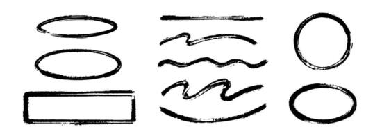 Straight and wavy paint line set. Sketch brush stroke and frames collection. Rough charcoal stripes and forms for highlight, underline, emphasis. Hand drawn textured crayon chalk elements vector