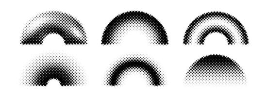 Black halftone arch collection. Different pixelated gradient arc set. Dotted pop art curve element bundle for collage, graphic design template, banner, poster, flyer. Comic bitmap warp pack vector