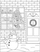 Color In Snowman Scene Illustrations Art Line Coloring Page vector