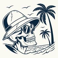 Cool Skull with Sunglasses Ocean Waves Retro Beach Design vector