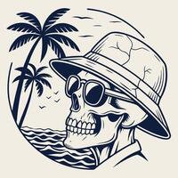 Vintage Skull in Straw Hat with Palm Trees vector