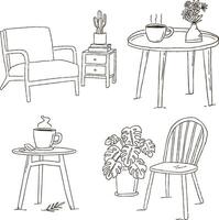 This elegant illustration set showcases a variety of stylish Scandinavian furniture with thin line art details vector