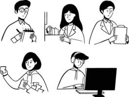 A set of minimalistic brush-style illustrations depicting young professionals in a modern office setting vector