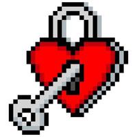 Heart shaped padlock with key in pixel art vector